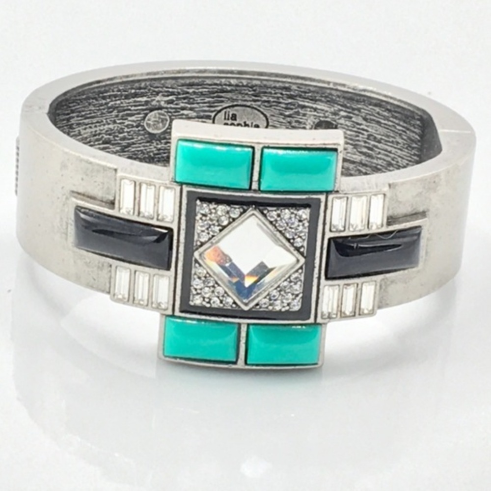 Lia Sophia Turquoise Black Silver Art Deco Geometric Hinged Cuff Bracelet‎ EUC